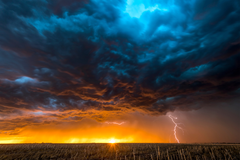 Bolts of electricity in a night sky.