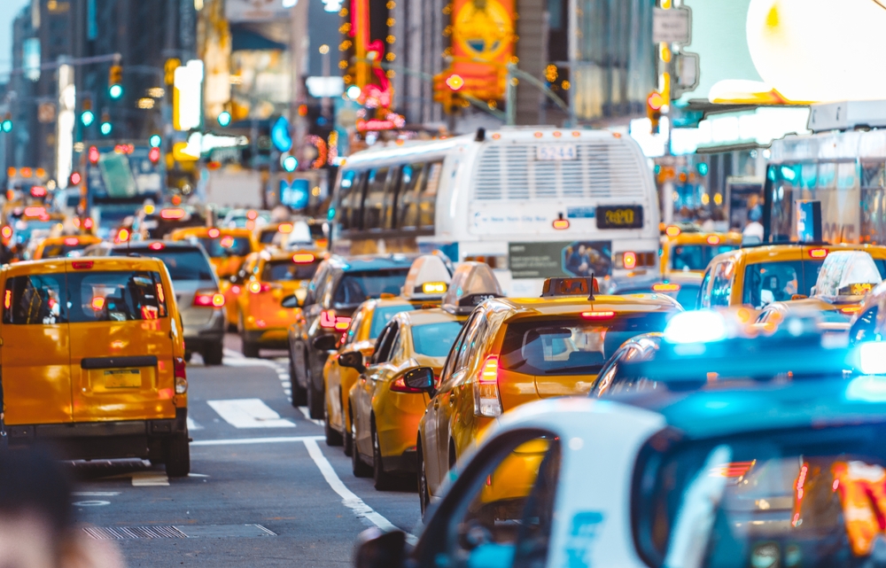 Traffic and taxis in New York City.