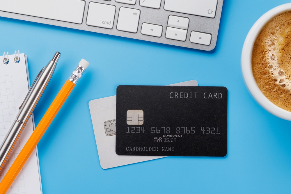 A credit card on an office desk.