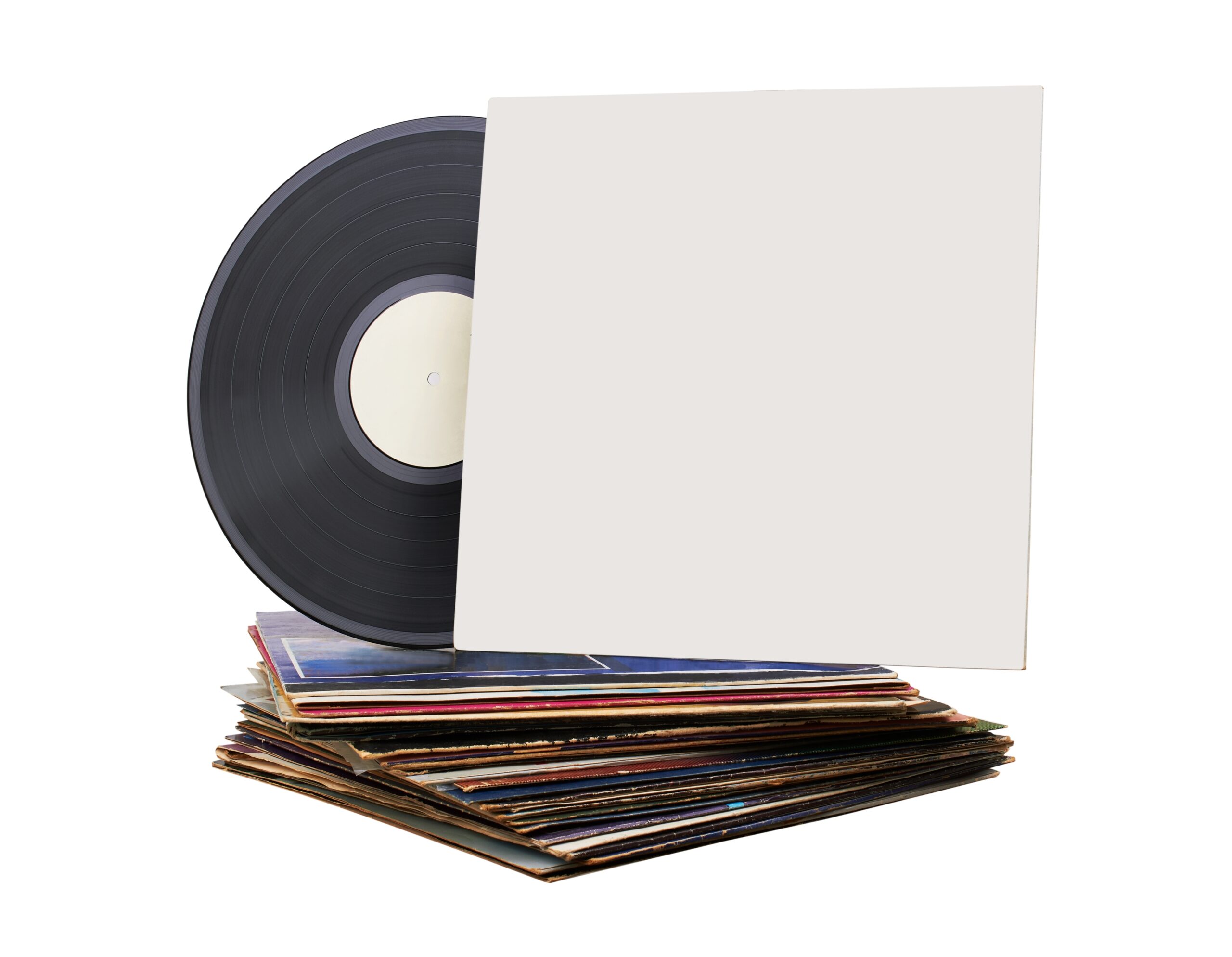 Vinyl records in a stack.