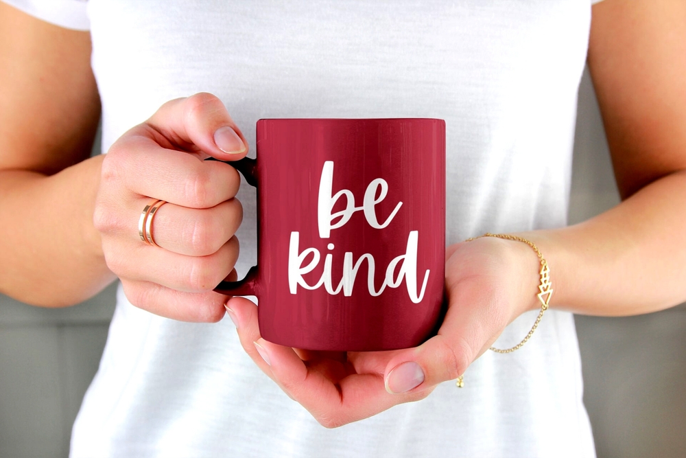 A labeled coffee mug.