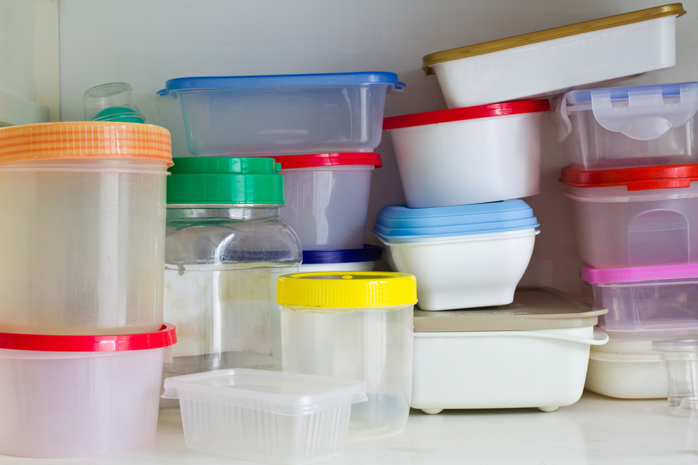 Reusable plastic food containers in the larder