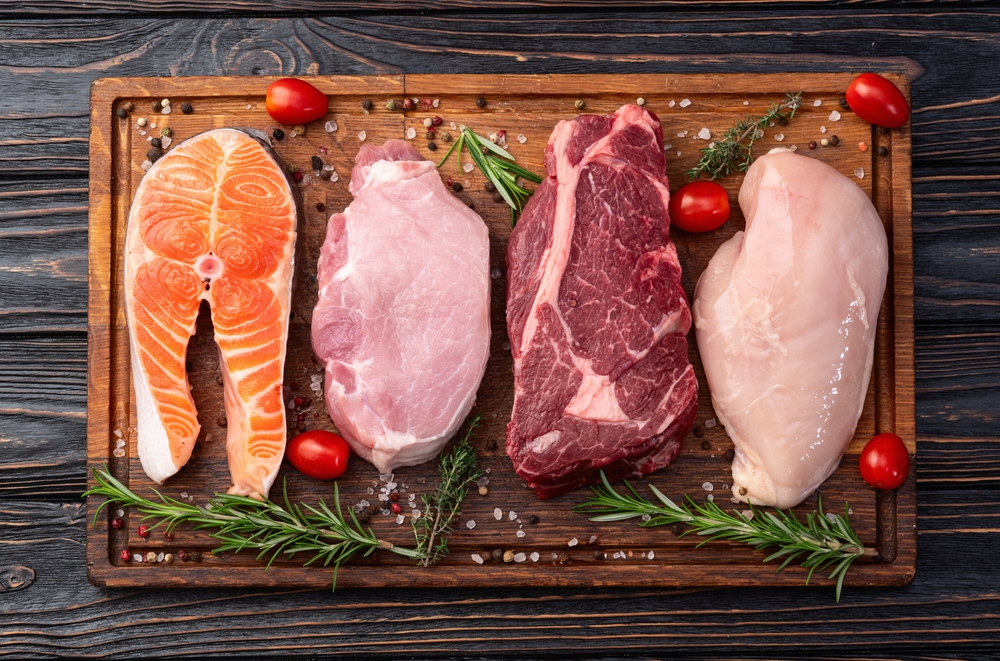 Mix of raw meat and raw fish cuts