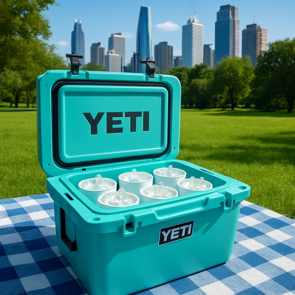 A teal Yeti cooler filled with ice and drinks.