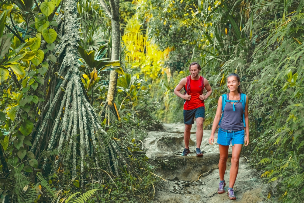 A young couple on a walk and hike