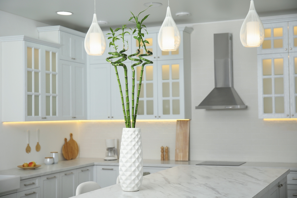 Kitchen with marble countertops.