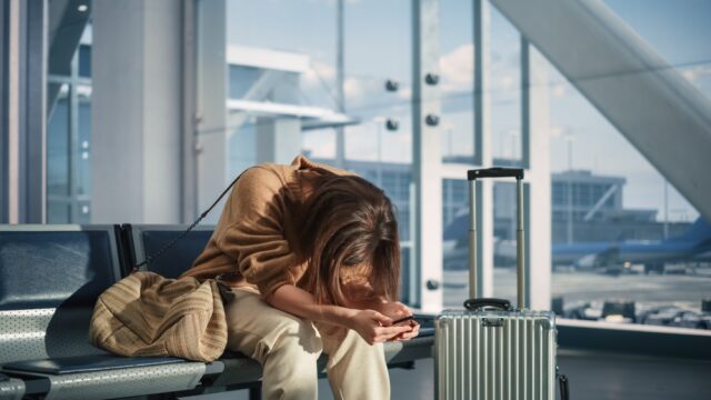 Young woman stranded at the airport.
