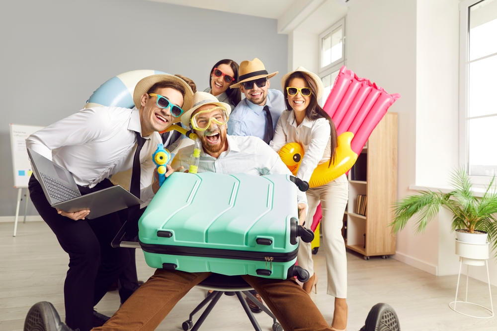 Group of people with luggage going on vacation.