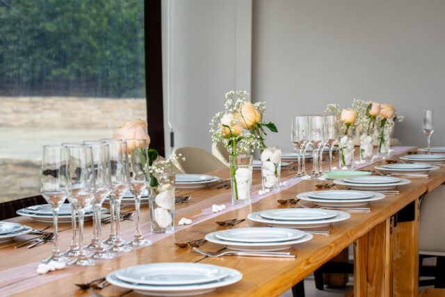 Dining table elegantly set up for special occasion or event.