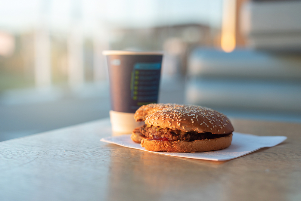 A burger is placed on the table
