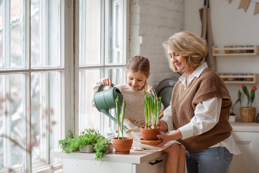 An elderly woman and grandmother teaching her young granddaughter to take care of plants
