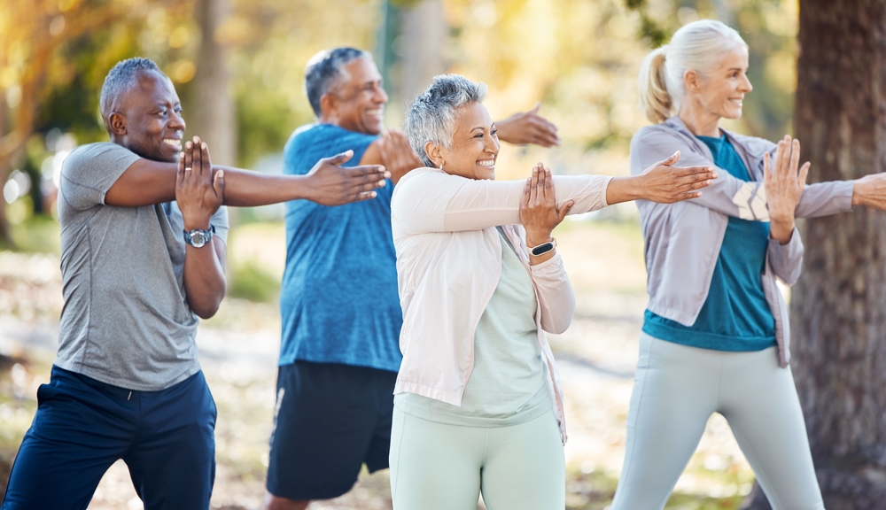 A group of elderly retired seniors having a fitness session