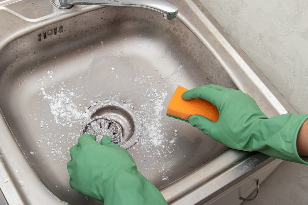 A woman cleaning her sink.