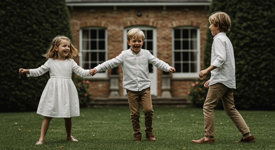 Three kids holding hands and playing outside